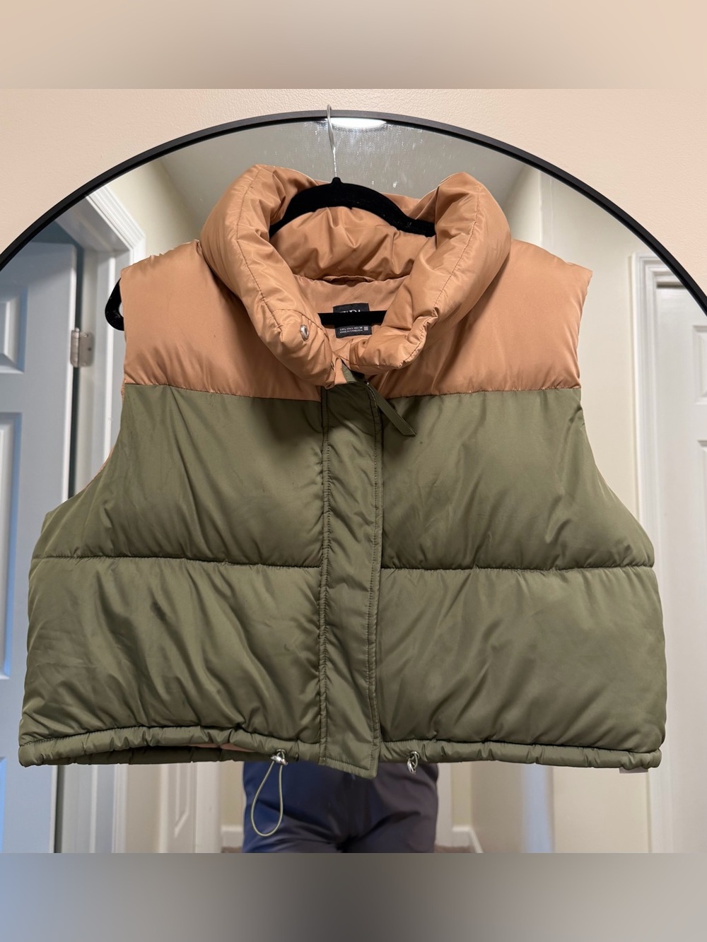 Zara Color Block Puffer Vest Olive Green Tan Size L